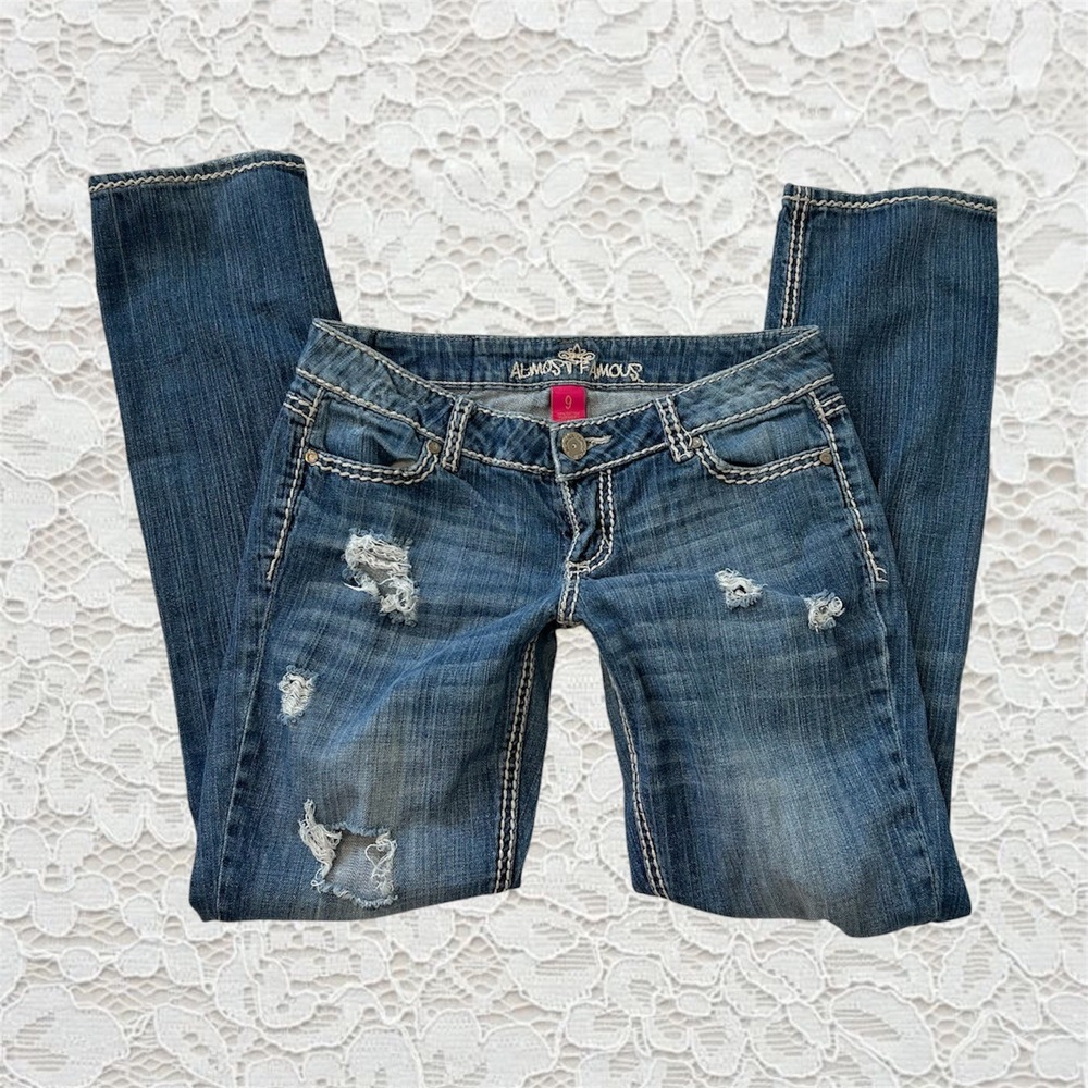 vintage y2k contrast stitch low rise ripped skinny jeans